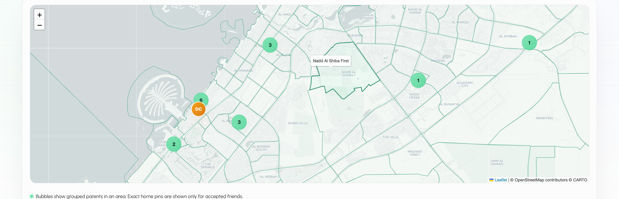 Community map showing nearby Dubai College families as anonymous area bubbles